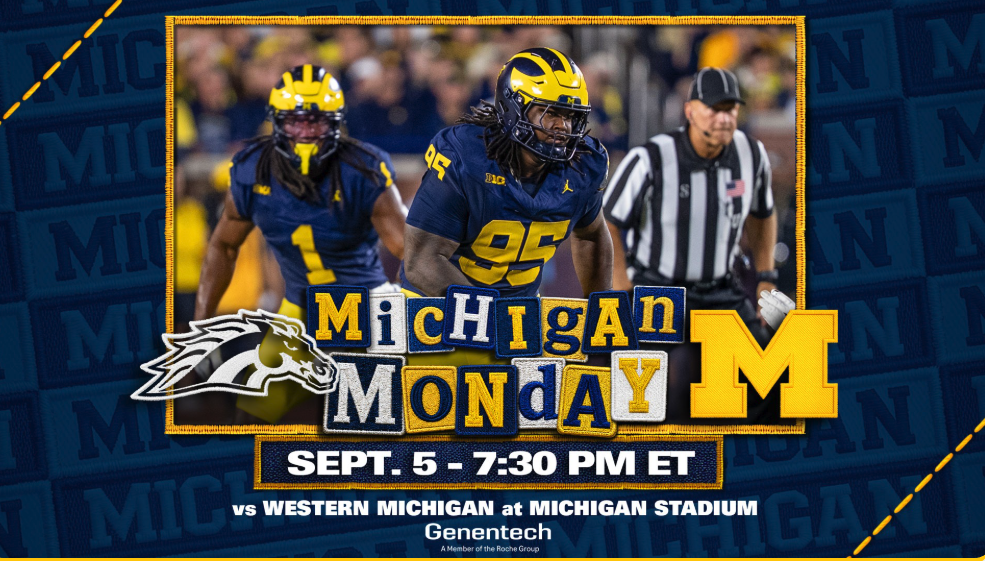 Michigan Athletics graphic promoting the Sept. 5 season opener against Western Michigan, showing two Wolverines players and a referee on the field.