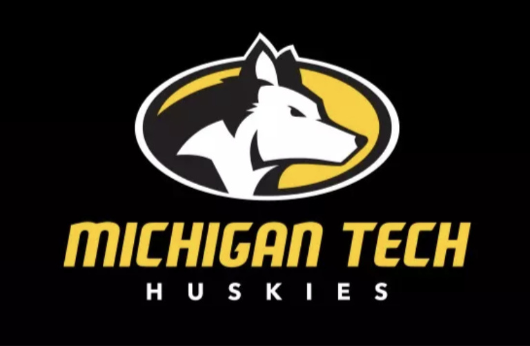 The Michigan Tech Huskies logo, featuring a husky dog head in a yellow, black and white oval above the words 'Michigan Tech Huskies.'