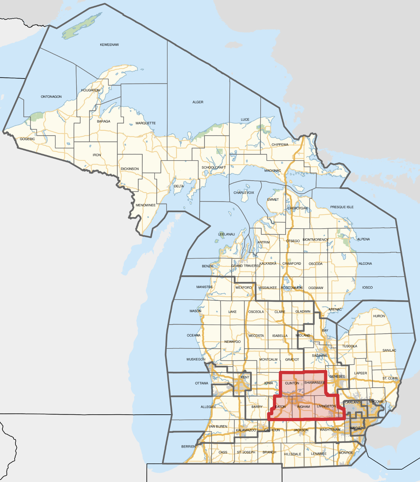 Map of Michigan highlighting the 7th Congressional District in red, spanning Livingston, Ingham, Eaton, Clinton and Shiawassee counties, with surrounding congressional districts and county boundaries shown in gray.