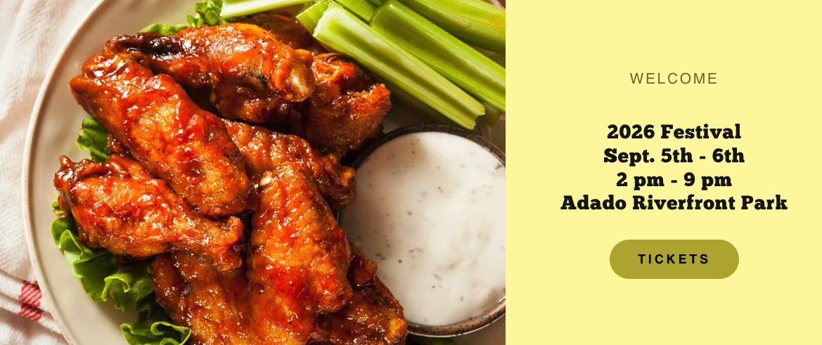 Promotional graphic for the Michigan Chicken Wing Festival showing a plate of glazed chicken wings with celery and ranch dip beside event details for Sept. 5–6 at Adado Riverfront Park.