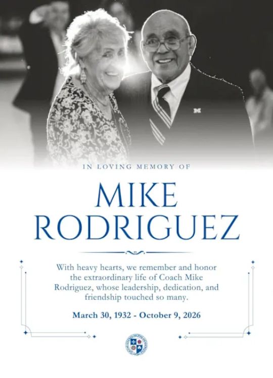 Memorial graphic for Mike Rodriguez featuring a black-and-white photograph of a smiling couple and his birth and death dates.