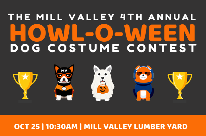 Howl-o-Ween dog costume contest flyer showing three illustrated costumed dogs between gold trophies.