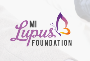 Michigan Lupus Foundation logo with purple lettering and a purple, pink and orange butterfly.