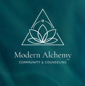 Modern Alchemy Community & Counseling logo featuring a white lotus within a triangle on a teal background.