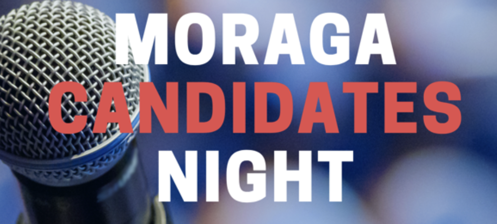 Blue and red graphic reading "Moraga Candidates Night" over a photo of a microphone.