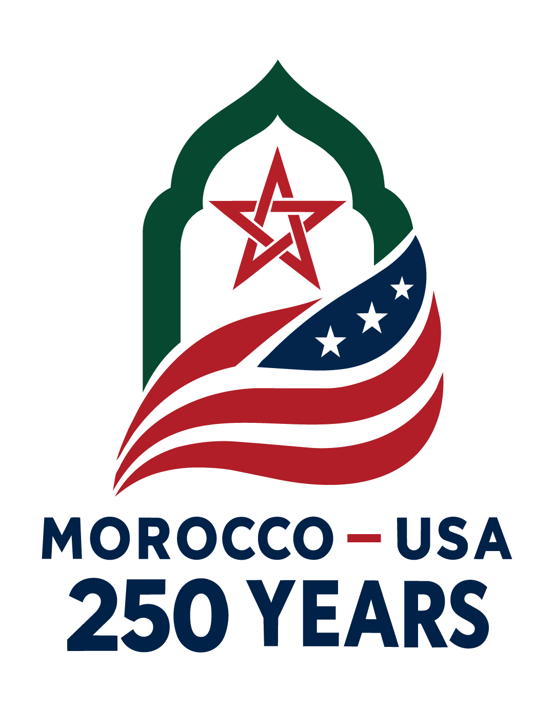 Official Morocco–USA 250 Years campaign artwork with Moroccan and American flag motifs.