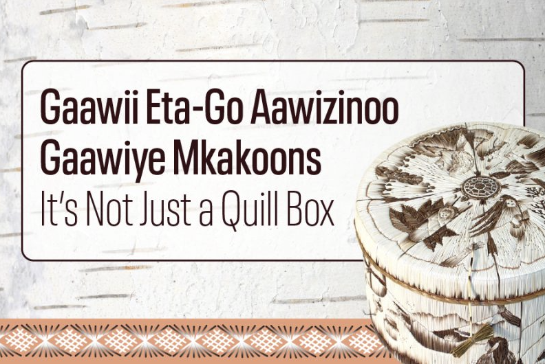 Promotional graphic for the MSU Museum exhibition "Gaawii Eta-Go Aawizinoo Gaawiye Mkakoons / It's Not Just a Quill Box," featuring a decorated birch bark quill box.