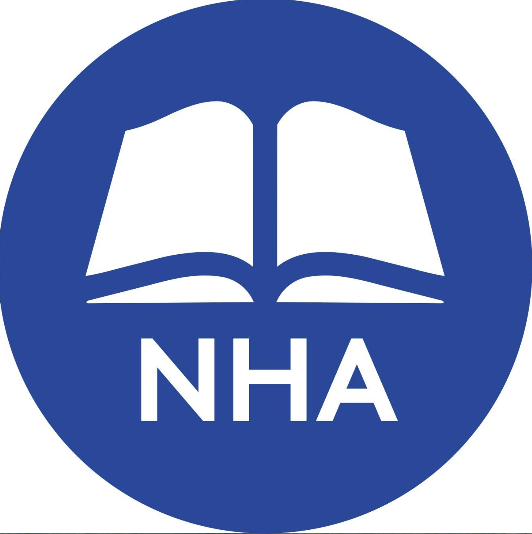 White open book and the letters NHA inside a blue circle.