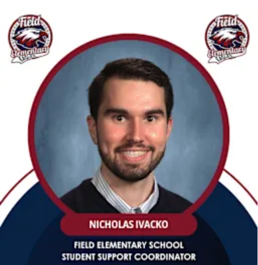 Headshot of Nicholas Ivacko, Field Elementary School's student support coordinator, wearing a striped shirt and dark sweater against a gray background, framed by red and navy Field Elementary School graphics.