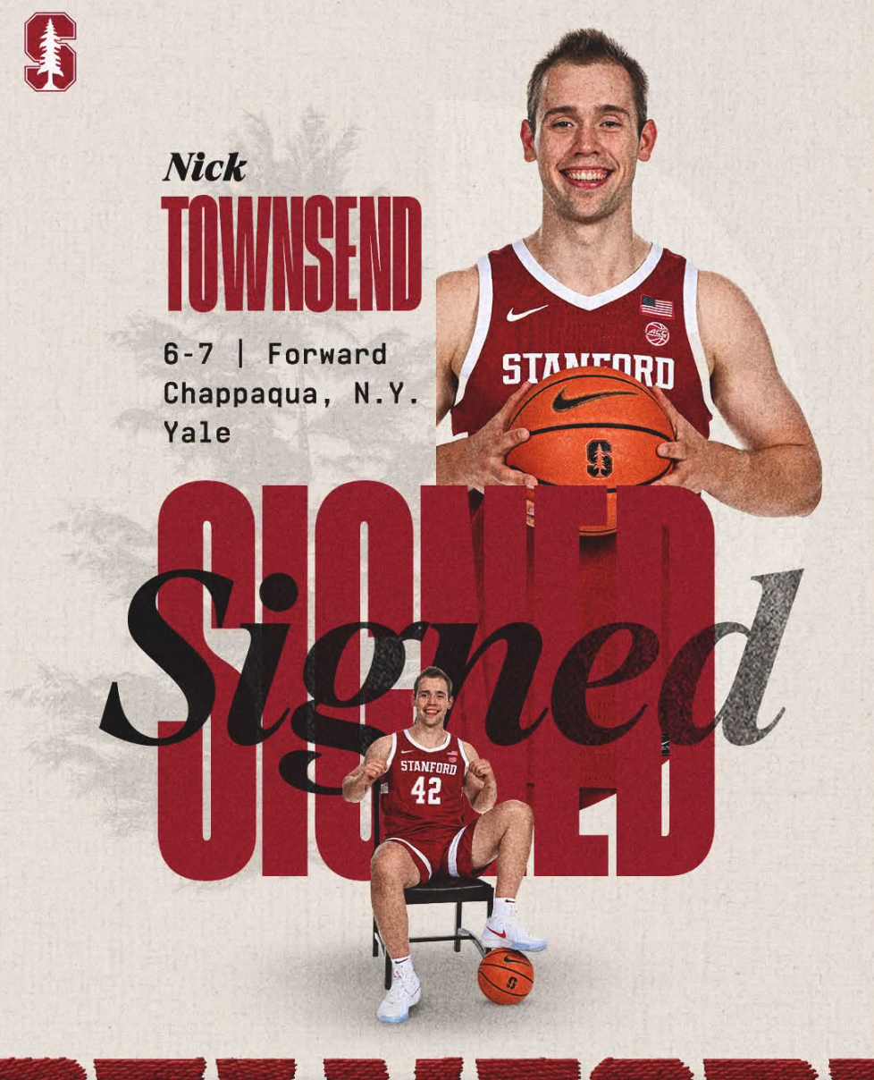 Stanford Athletics graphic announcing the signing of forward Nick Townsend, showing two photos of him in a Stanford basketball uniform alongside text reading "Nick Townsend, 6-7, Forward, Chappaqua, N.Y., Yale, Signed."