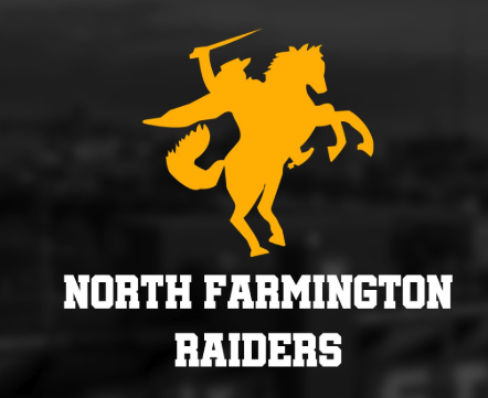 North Farmington Raiders team logo, a gold silhouette of a rider on a rearing horse holding a raised sword, with "North Farmington Raiders" in bold white text below.