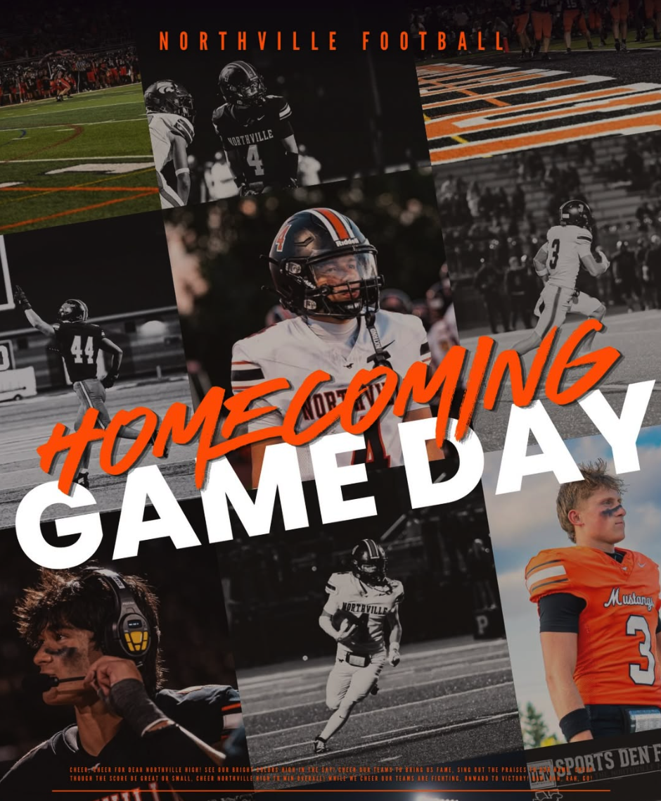 Collage of Northville High School football players with orange-and-black “Homecoming Game Day” text.