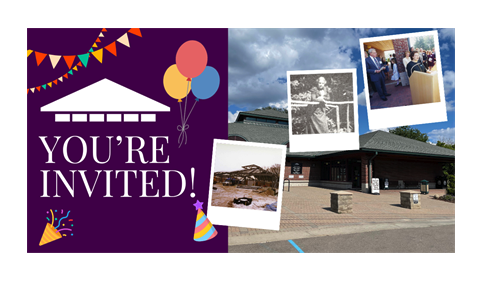 Party invitation flyer with balloons, bunting, and a photo of a brick library building exterior.