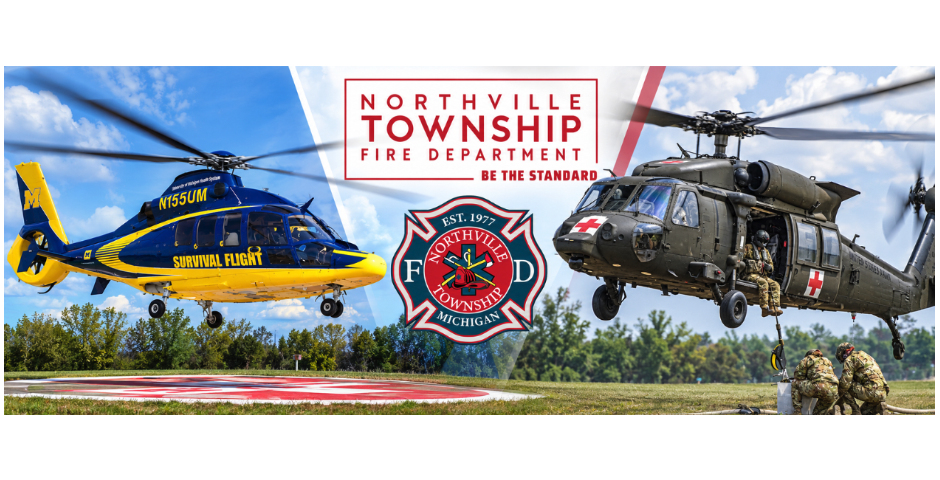 Northville Township Fire Department graphic showing a University of Michigan Survival Flight helicopter and a military Black Hawk helicopter.
