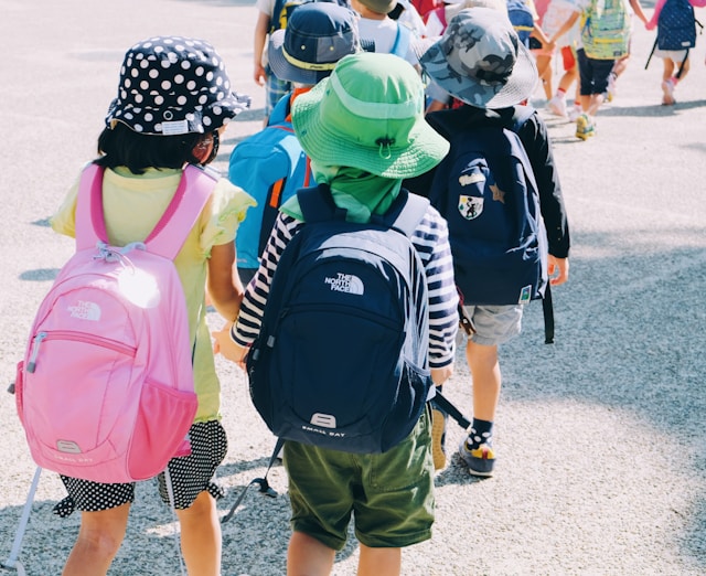 children wearing school backpacks