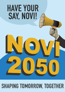 Graphic reading "Have Your Say, Novi!" above an illustration of a hand holding a megaphone, with "Novi 2050" in bold yellow letters and the tagline "Shaping Tomorrow, Together" below, on a blue background.
