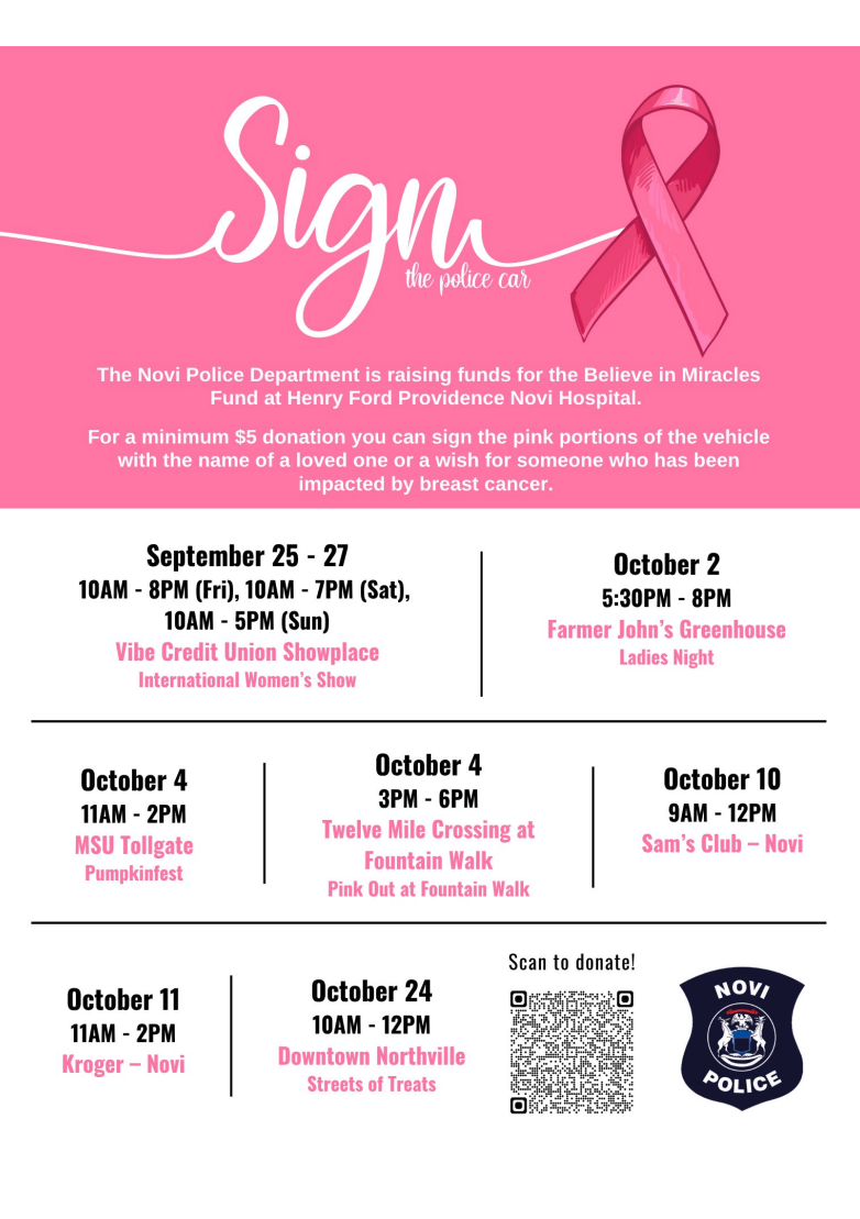 Novi Police Department "Sign the police car" flyer, pink and white with a breast cancer awareness ribbon, listing a fundraising event schedule, a QR code to donate, and the Novi Police badge logo.