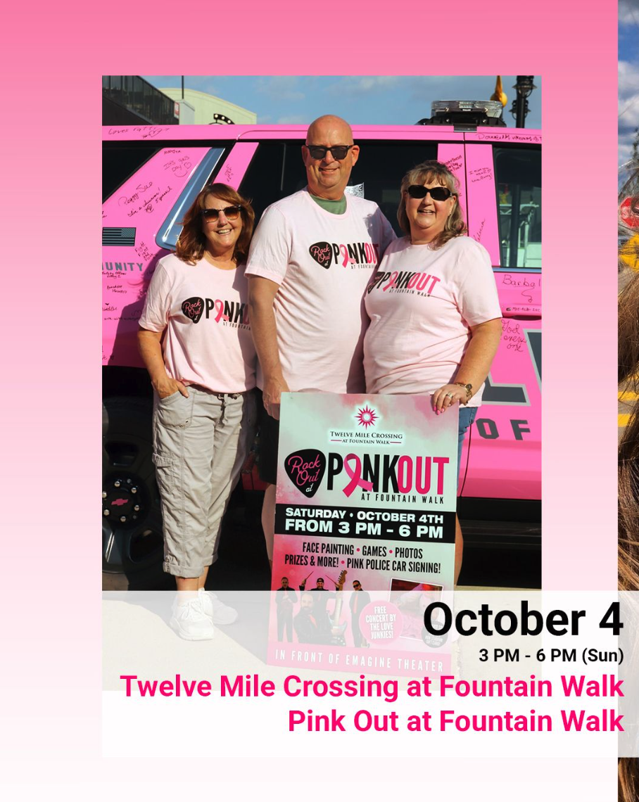 Three people in matching pink "Rock Out at Pink Out" T-shirts stand in front of the Novi Police Department's signature-covered pink cruiser, holding a sign promoting the Oct. 4 event at Twelve Mile Crossing at Fountain Walk.