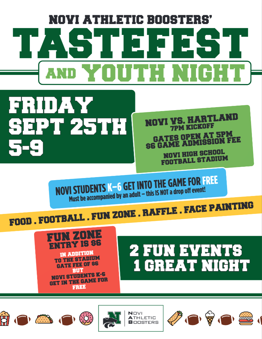 Promotional flyer for the Novi Athletic Boosters' Tastefest and Wildcat Youth Night, Friday, Sept. 25, from 5 to 9 p.m., listing admission fees and activities.