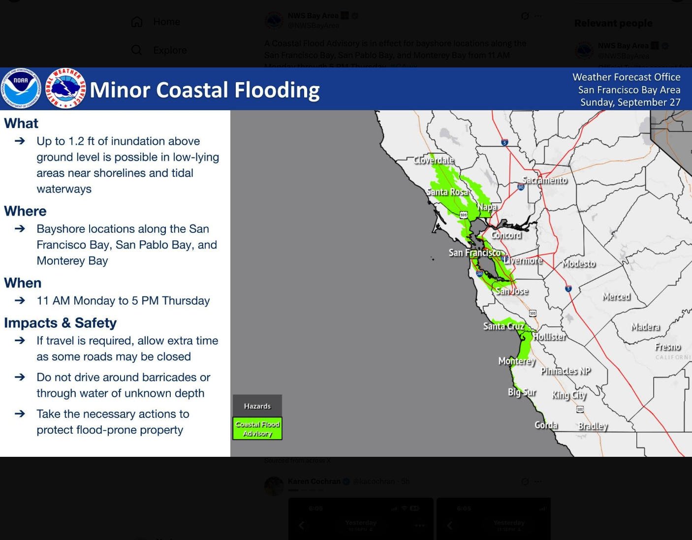National Weather Service graphic titled "Minor Coastal Flooding" showing a Bay Area map with the coastal flood advisory zone highlighted in green from Santa Rosa to Big Sur, alongside details on what, where, when, and safety impacts.