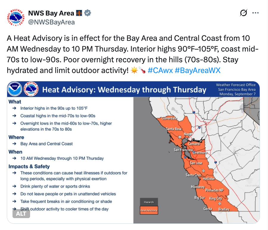 A National Weather Service graphic titled "Heat Advisory: Wednesday through Thursday" for the San Francisco Bay Area, listing interior highs in the 90s up to 105°F, coastal highs in the mid-70s to low-90s, and overnight lows in the mid-60s to low-70s, with a map of the Bay Area and Central Coast highlighted in orange under the advisory and a list of heat-safety tips.