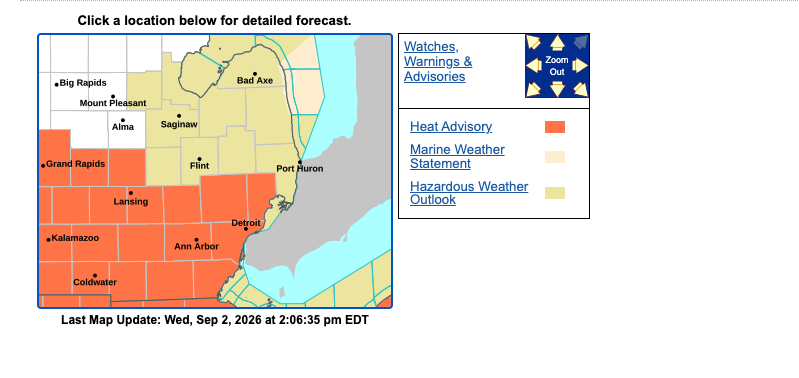 NWS map of southern and southeastern Michigan with orange-shaded counties under a Heat Advisory, including Detroit, Ann Arbor and Lansing, and yellow Hazardous Weather Outlook zones to the north, dated Sept. 2, 2026.