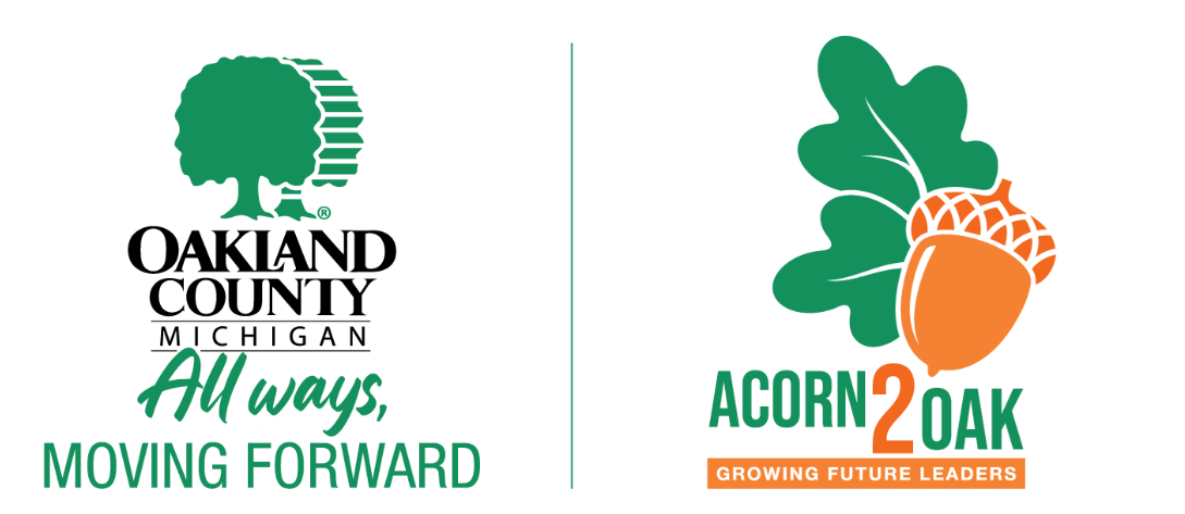 Side-by-side logos for Oakland County, Michigan ("All ways, Moving Forward," featuring a green tree) and the Acorn2Oak youth grant program ("Growing Future Leaders," featuring a green oak leaf and orange acorn with a "2" between the words).