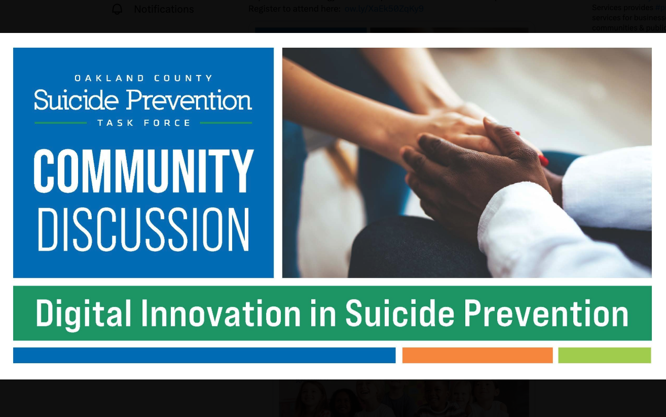 Oakland County Suicide Prevention Task Force graphic promoting a community discussion on digital innovation in suicide prevention, alongside an image of two people holding hands.