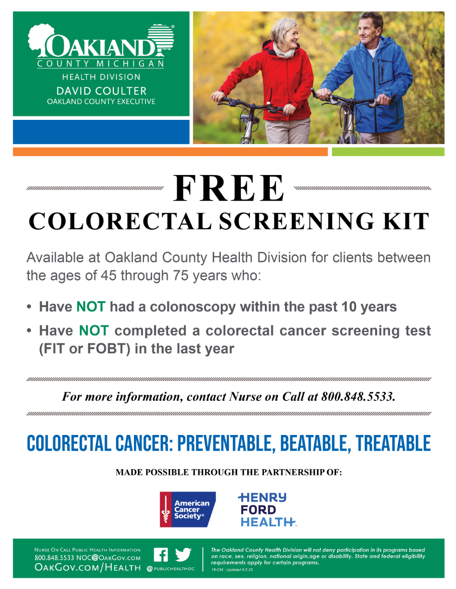Oakland County Health Division flyer advertising a free colorectal screening kit for clients ages 45 to 75, with eligibility requirements and a phone number for Nurse on Call.