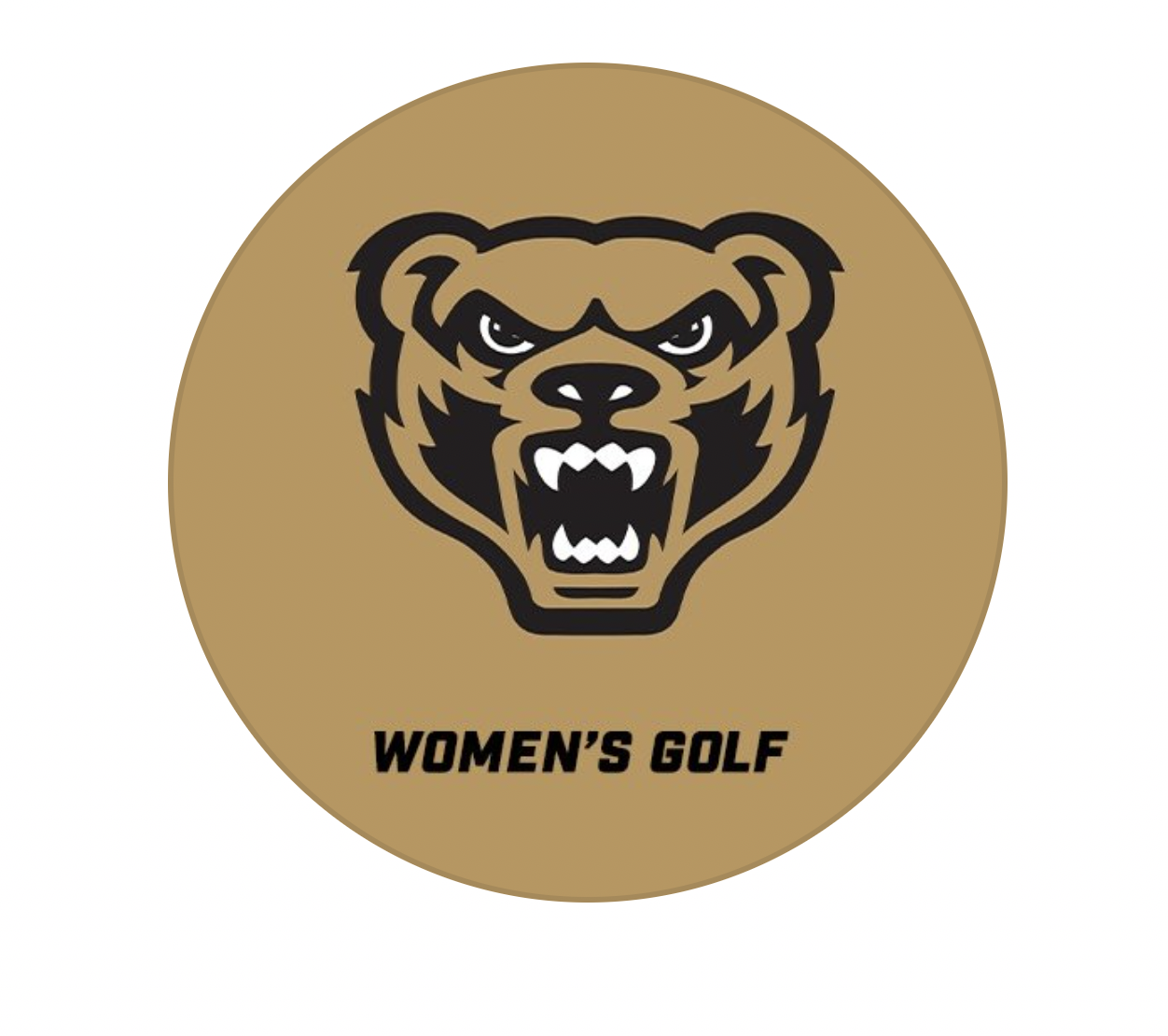 Oakland University Golden Grizzlies women's golf program logo, featuring a growling bear mascot on a gold circular background with the text "Women's Golf."