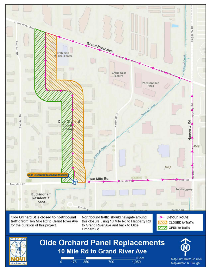 City of Novi detour map showing Olde Orchard Street closed to northbound traffic between 10 Mile Road and Grand River Avenue, with a detour via 10 Mile Road, Haggerty Road and Grand River Avenue.