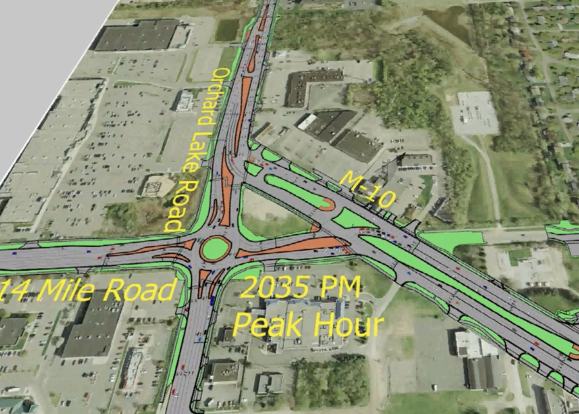 3D rendering of the Orchard Lake Road and 14 Mile Road roundabout in Farmington Hills showing projected 2035 PM peak hour traffic flow