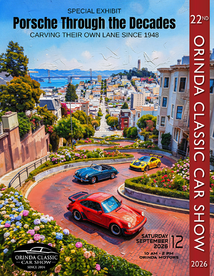 Promotional poster for the 22nd Annual Orinda Classic Car Show reading "Special Exhibit: Porsche Through the Decades, Carving Their Own Lane Since 1948," with illustrated classic Porsches on a winding hillside street, and event details for Saturday, September 12, 10 a.m. to 2 p.m. at Orinda Motors.