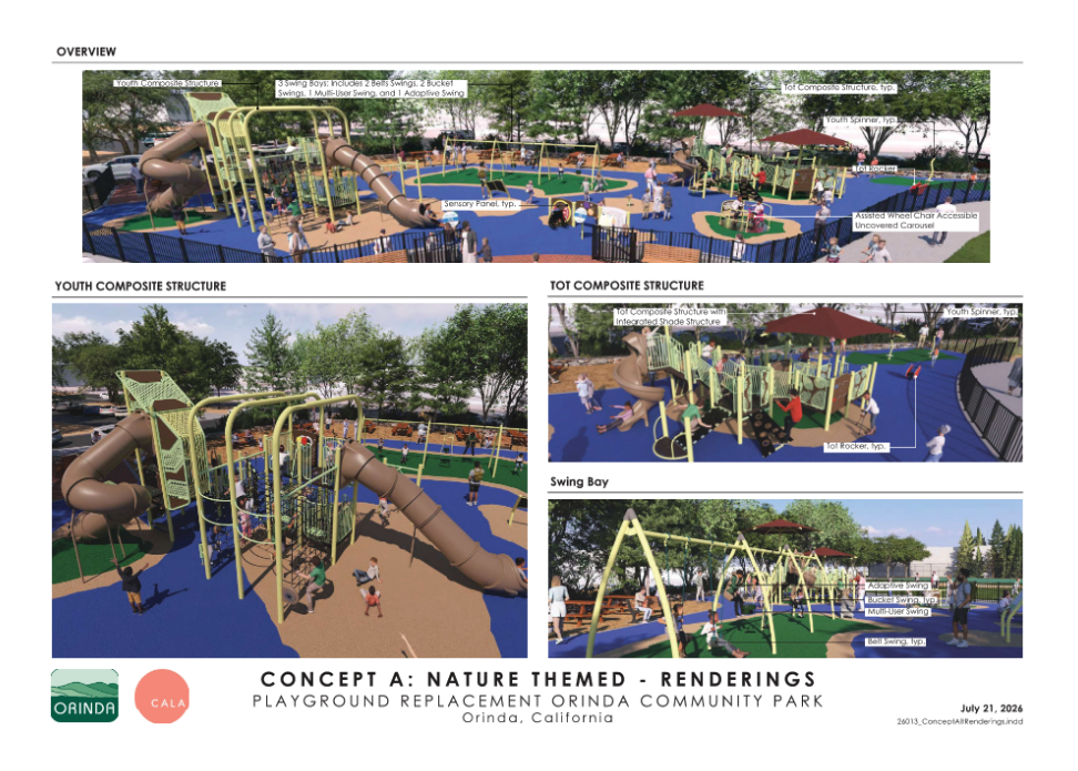 Rendering of Concept A, the nature-themed playground design proposed for Orinda Community Park, showing a youth composite structure with slides and climbing nets, a tot play area with shade structure, and a swing bay with adaptive, bucket and multi-user swings.