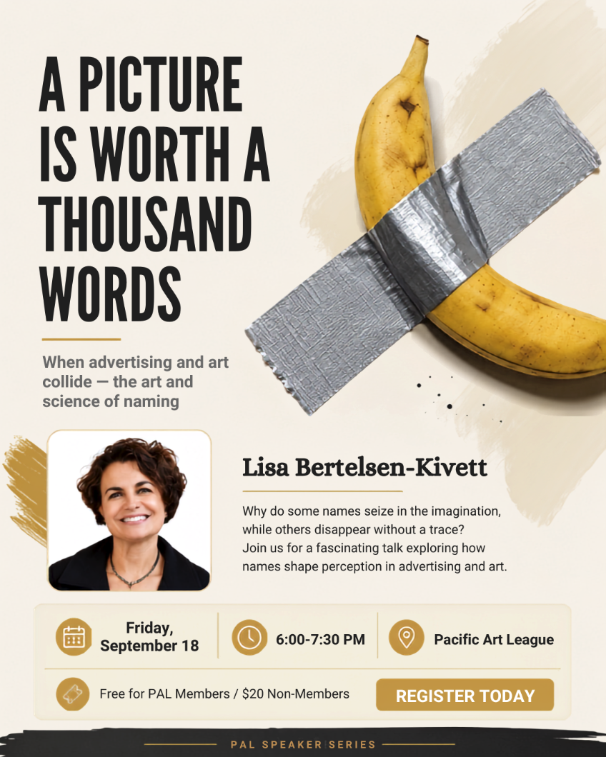 Event flyer showing a banana taped to a wall, a speaker headshot, and event details.