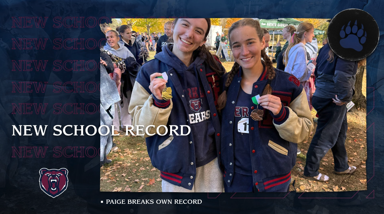 Two runners in Berkley letter jackets hold medals in a graphic reading “New school record” and “Paige breaks own record.”