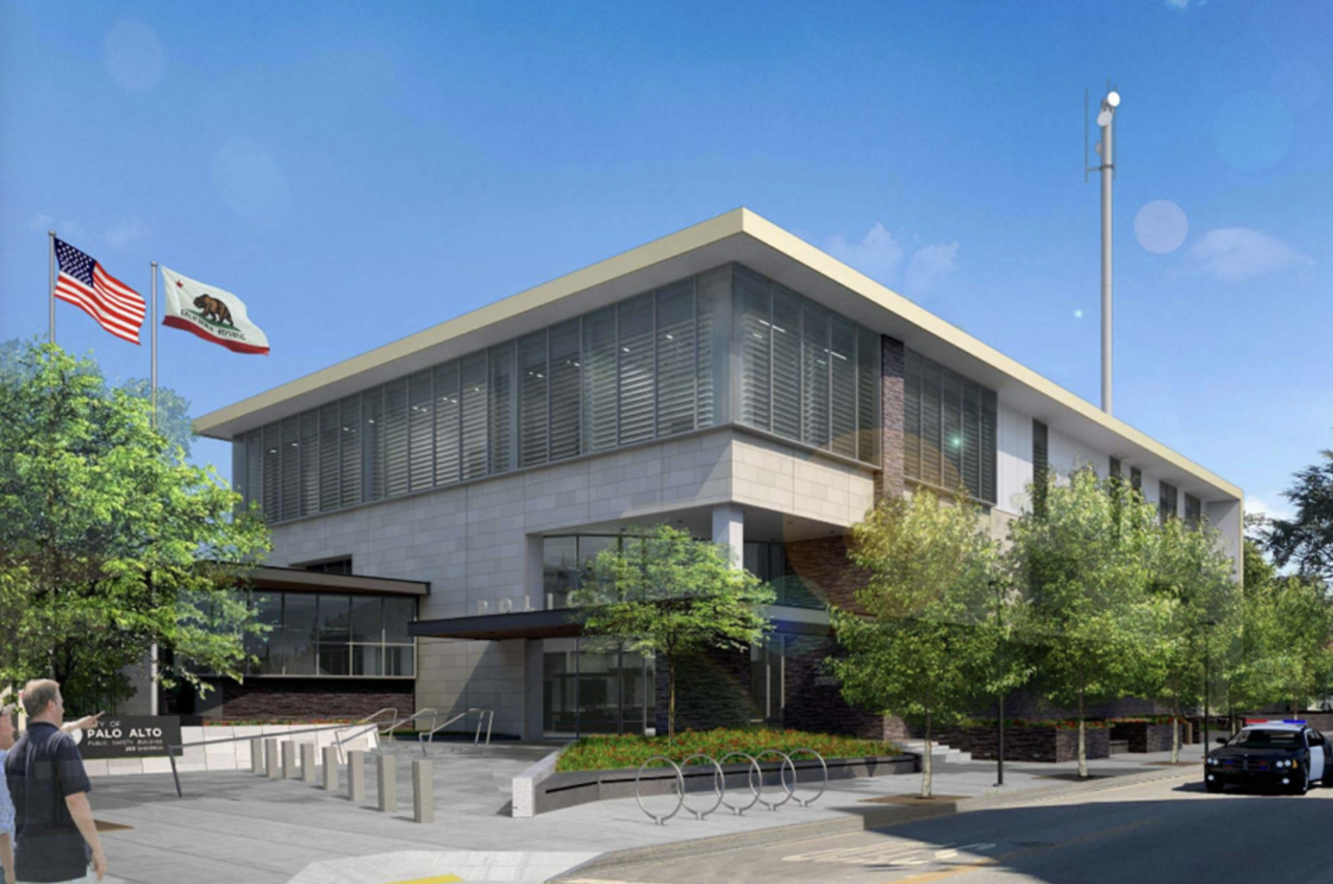 Exterior view of Palo Alto's new Public Safety Building at 250 Sherman Ave., a three-story facility housing the police department, Fire Department administration and the Office of Emergency Services.