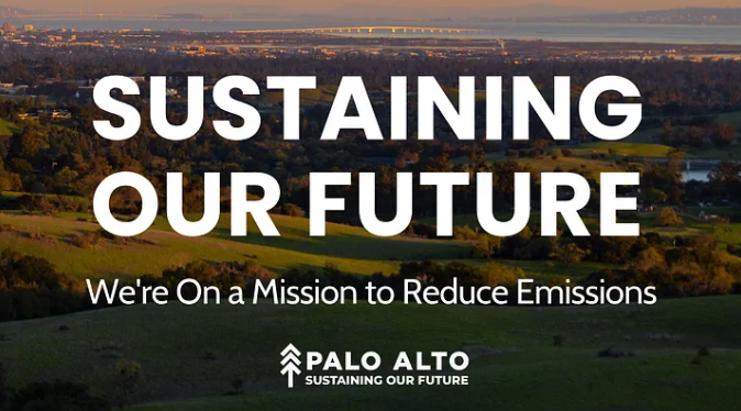 Title graphic for the City of Palo Alto's "Sustaining Our Future" emissions report, reading "We're on a mission to reduce emissions" over an aerial dusk view of Palo Alto's hills and the San Francisco Bay.