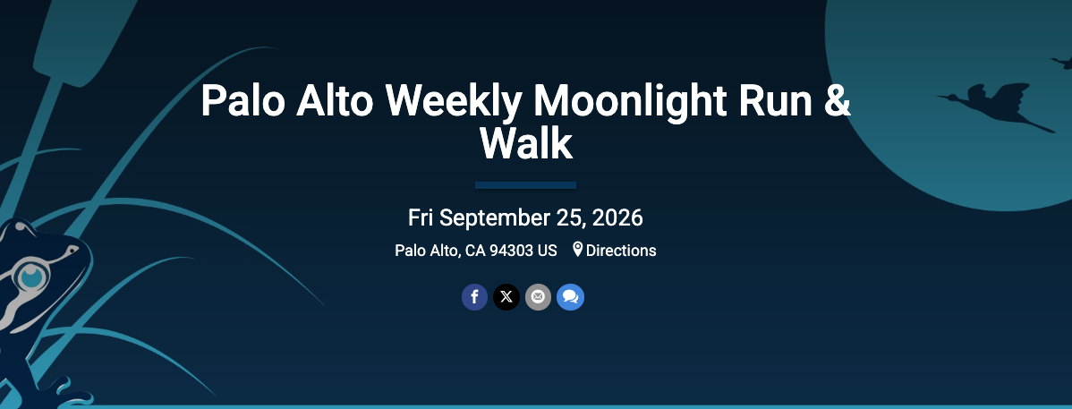 Screenshot of the RunSignup registration page for the 42nd Palo Alto Weekly Moonlight Run & Walk, showing the event date, location and race options.