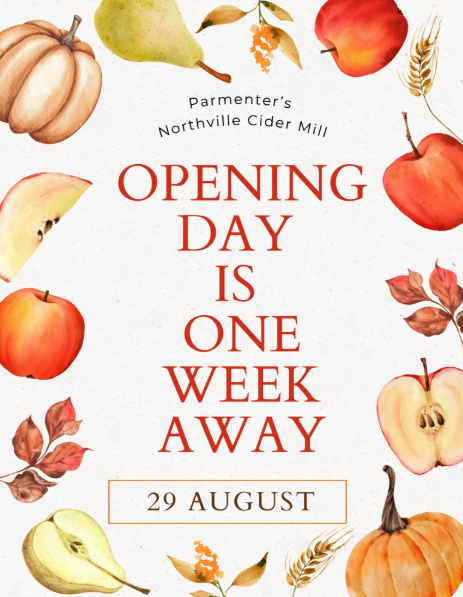 Illustrated Parmenter’s Northville Cider Mill graphic announcing that opening day is Aug. 29, surrounded by apples, pears, pumpkins and fall leaves.