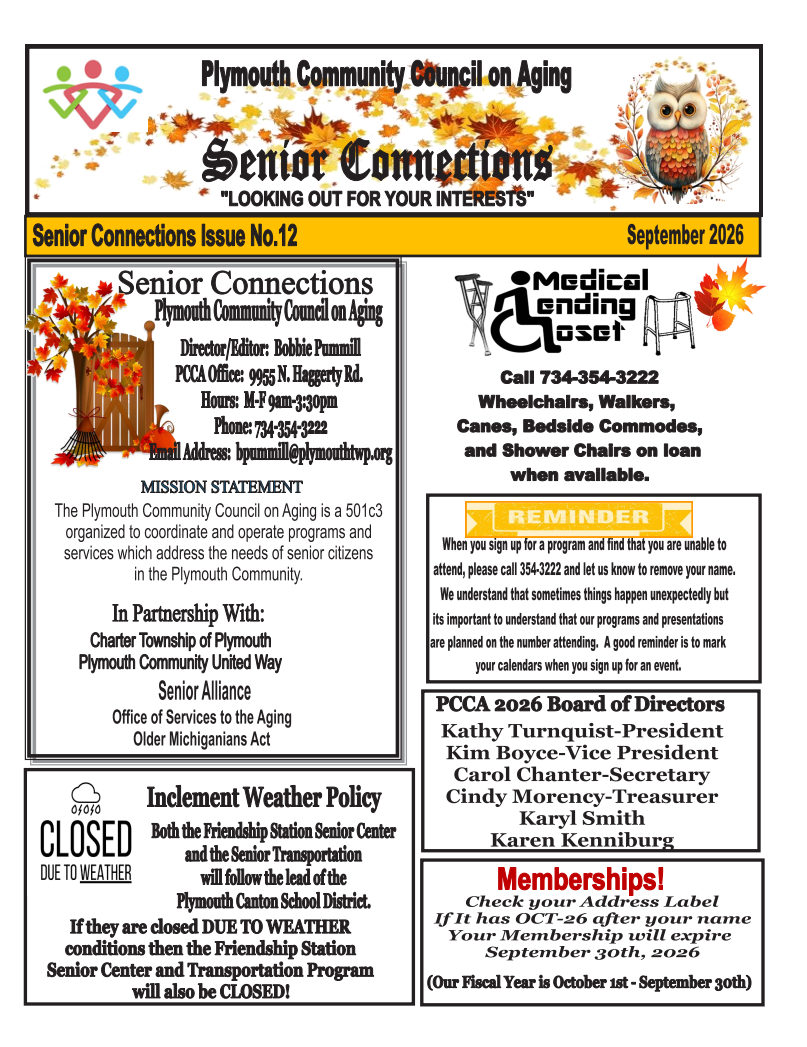 Front page of the Plymouth Community Council on Aging's "Senior Connections" September 2026 newsletter, with an autumn leaves design and an owl illustration.