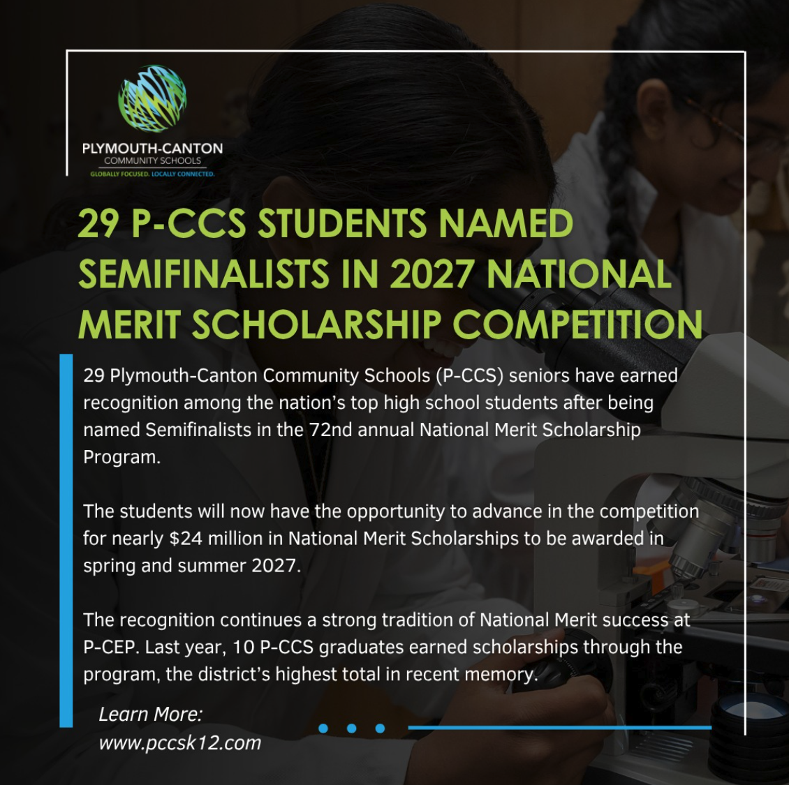 Plymouth-Canton Community Schools graphic announcing 29 students named semifinalists in the 2027 National Merit Scholarship Competition, over a photo of students using microscopes in a lab.