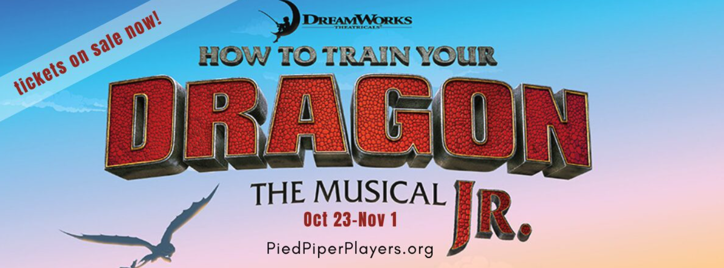 Promotional graphic for “How to Train Your Dragon: The Musical Jr.” showing the title, dragon silhouettes and Oct. 23-Nov. 1 dates.