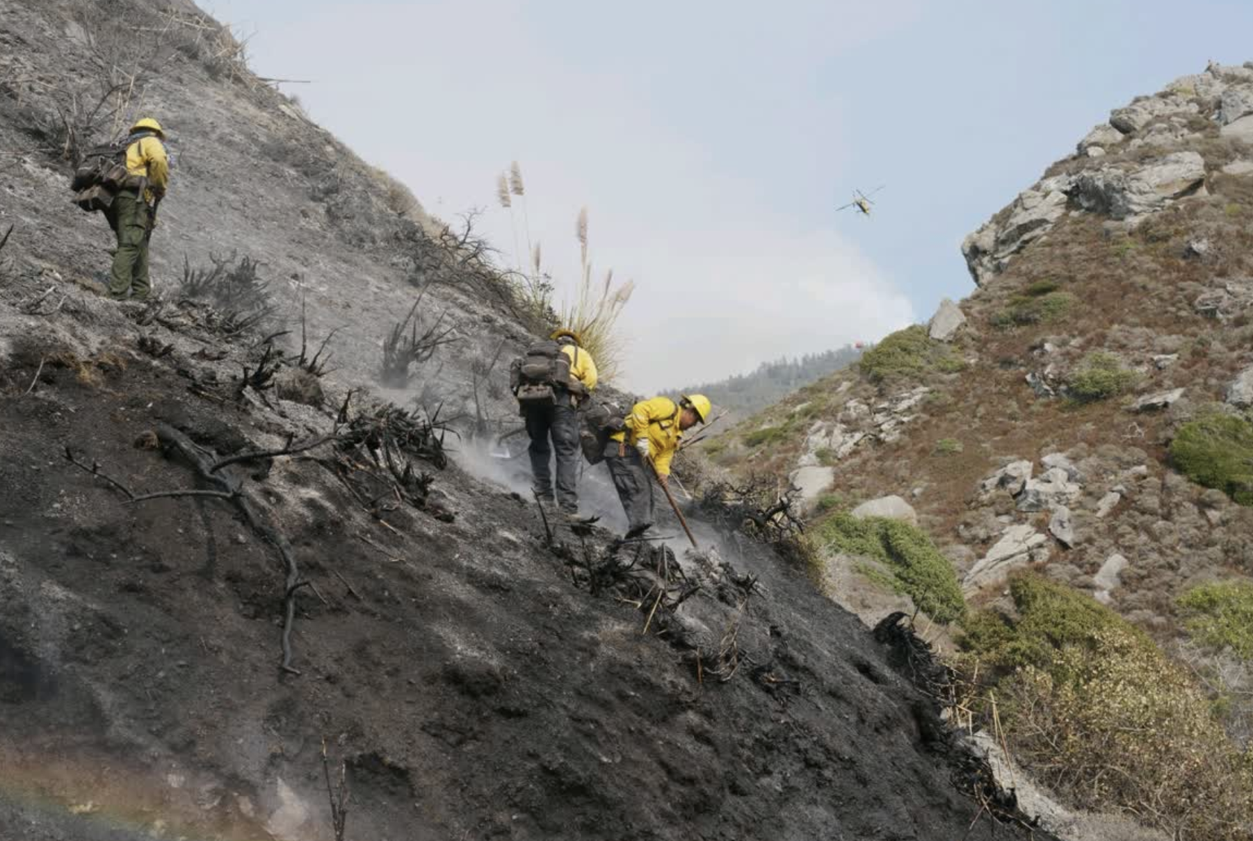 Firefighters in yellow protective gear work along a steep, burned hillside on the Plaskett Fire as a helicopter flies overhead, part of CAL FIRE's incident response in the Big Sur area.