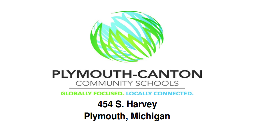 Plymouth-Canton Community Schools logo, featuring a globe icon in blue and green above the text "Plymouth-Canton Community Schools" and the tagline "Globally Focused. Locally Connected."