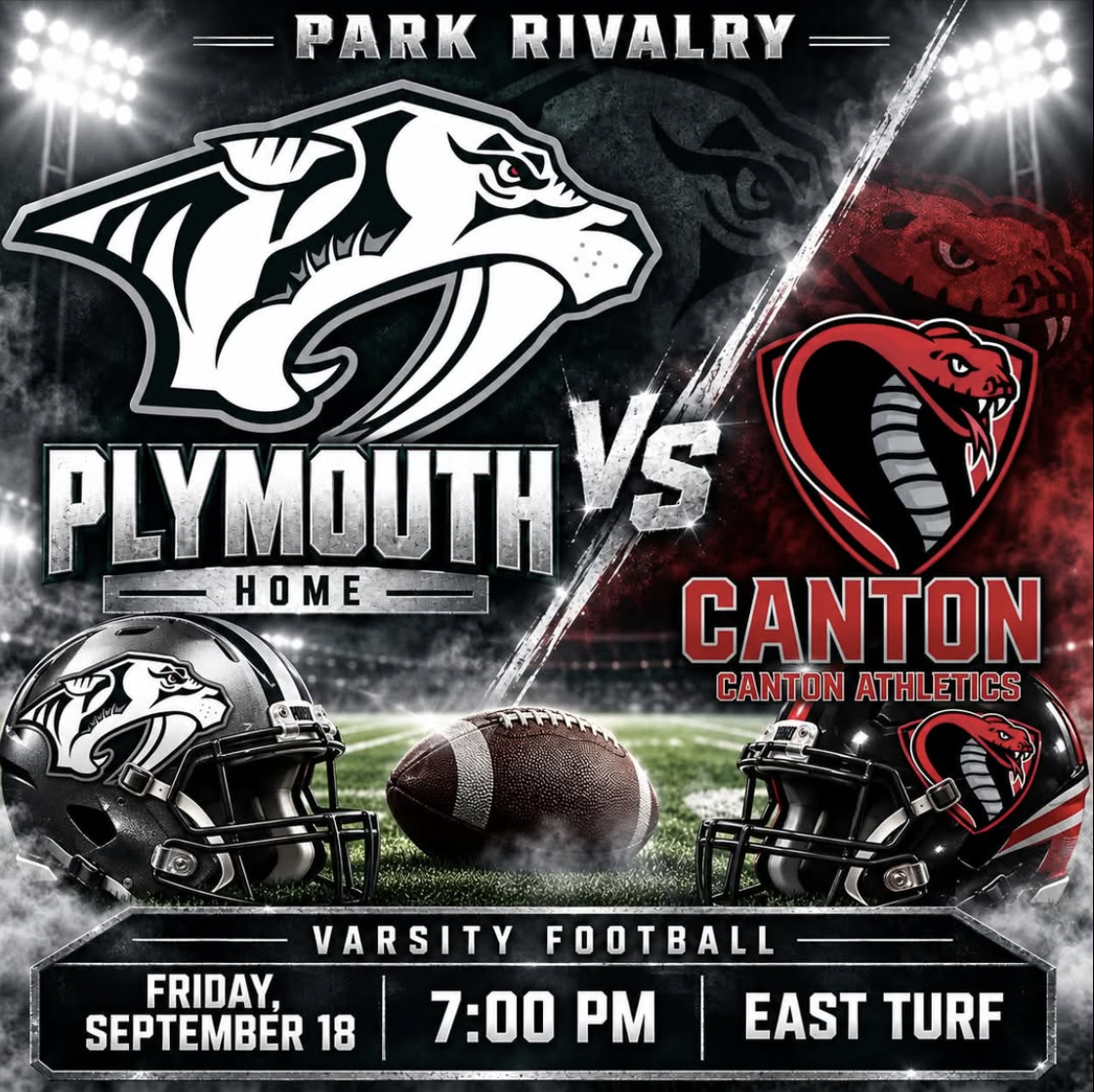 Promotional graphic for the Plymouth vs. Canton "Park Rivalry" varsity football game, Friday, Sept. 18, at 7 p.m.