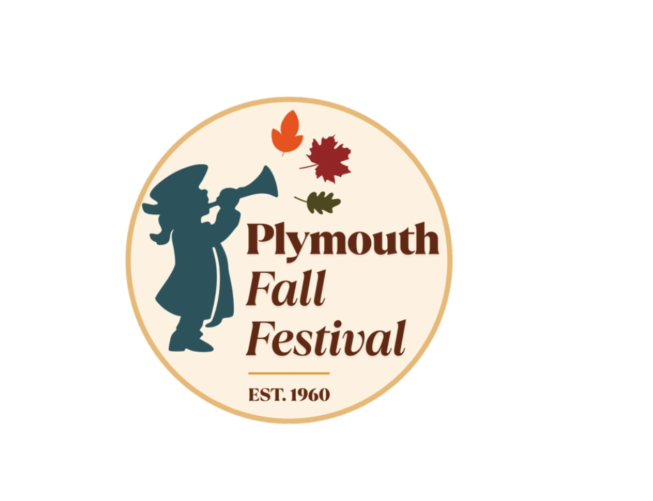 Plymouth Fall Festival logo featuring a colonial-style figure blowing a horn beneath falling leaves and the words “Plymouth Fall Festival, Est. 1960.”