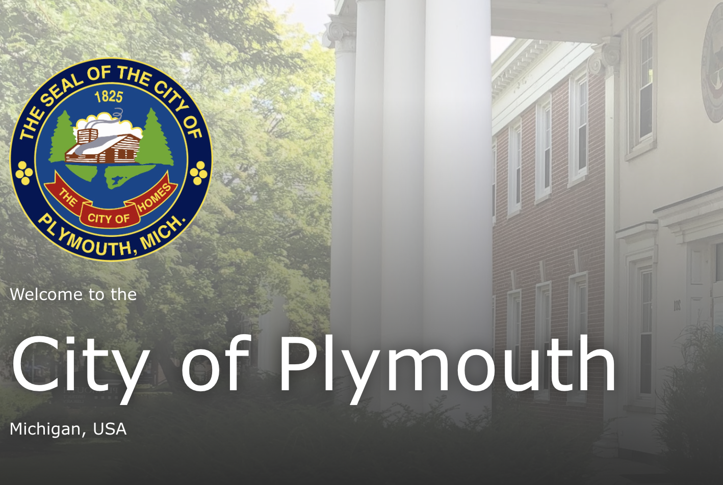 City of Plymouth, Michigan municipal seal and welcome banner.