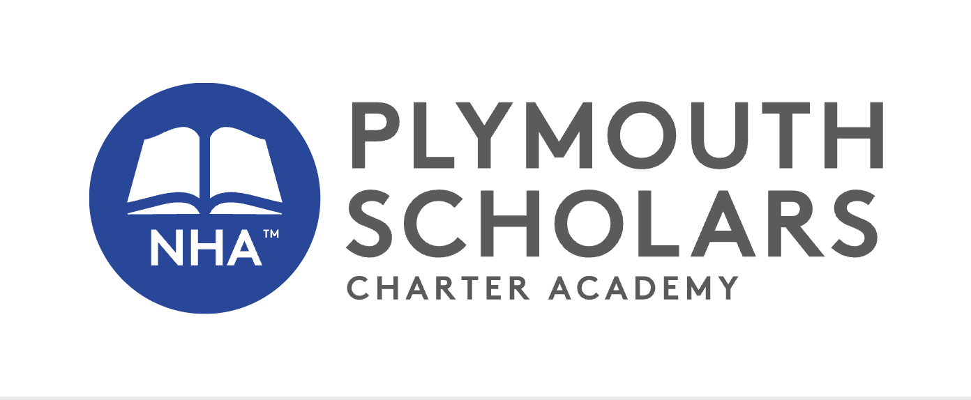 Plymouth Scholars Charter Academy logo and a white open book with the letters NHA inside a blue circle.