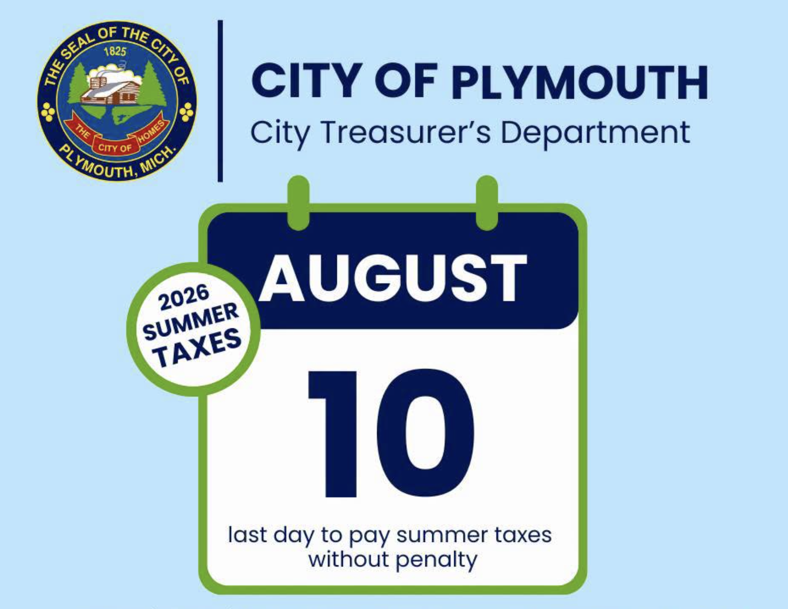 City of Plymouth City Treasurer's Department graphic noting Aug. 10 as the last day to pay 2026 summer taxes without penalty.